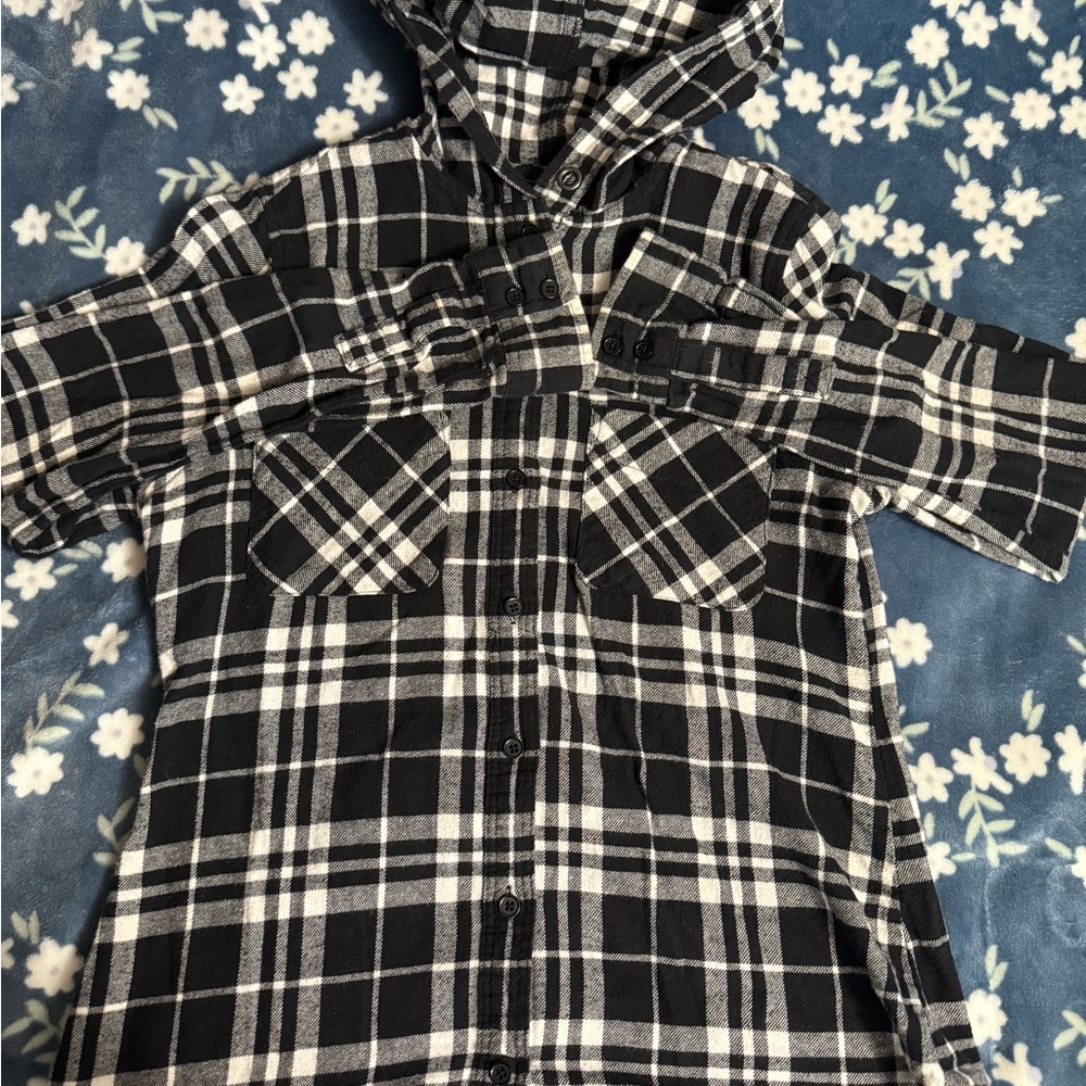 Plaid Hooded Flannel  - Black and White